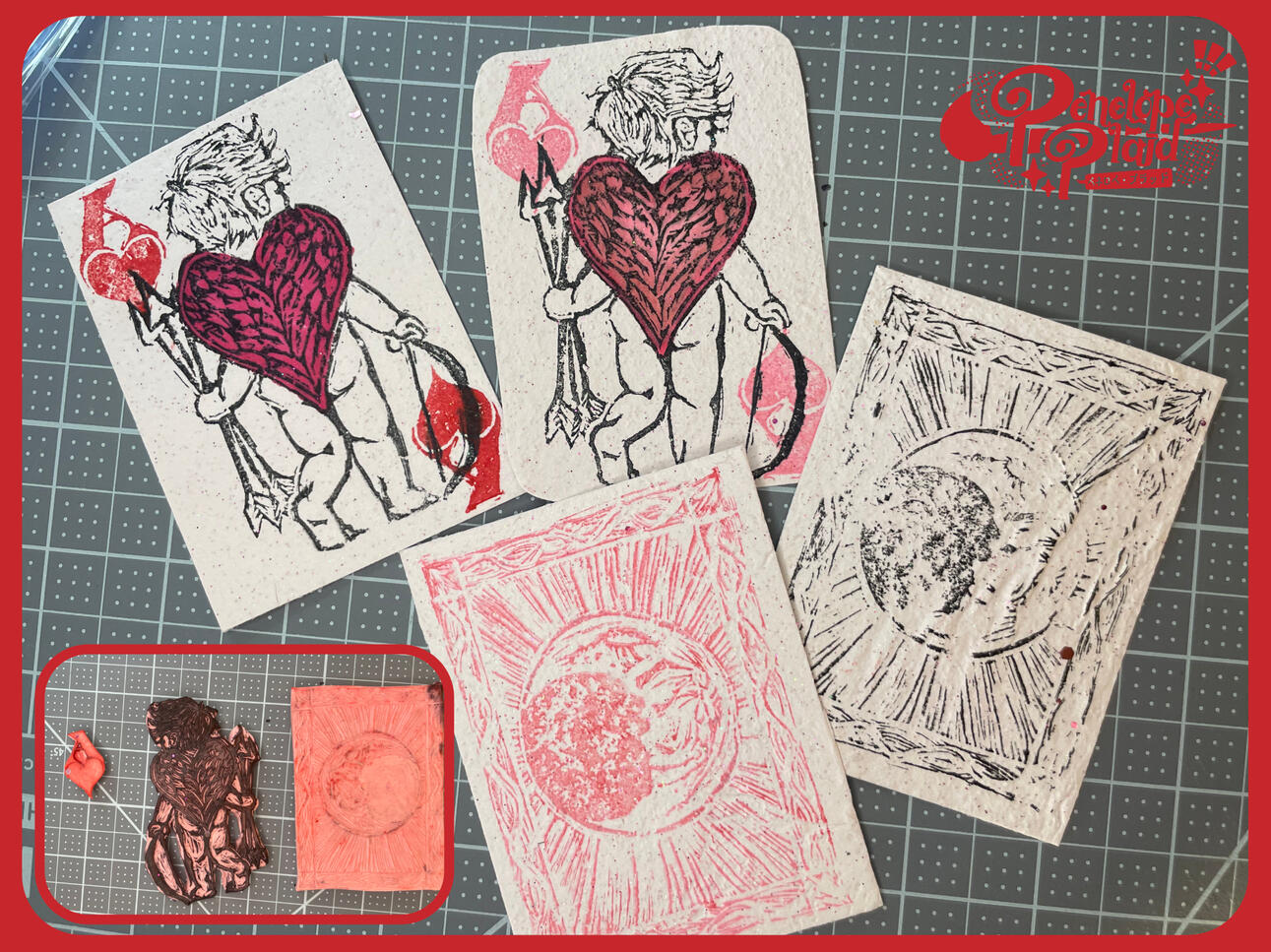 Ace of Hearts Ft. Cupid, 2025. Linocut Carving and Prints on Handmade Paper.