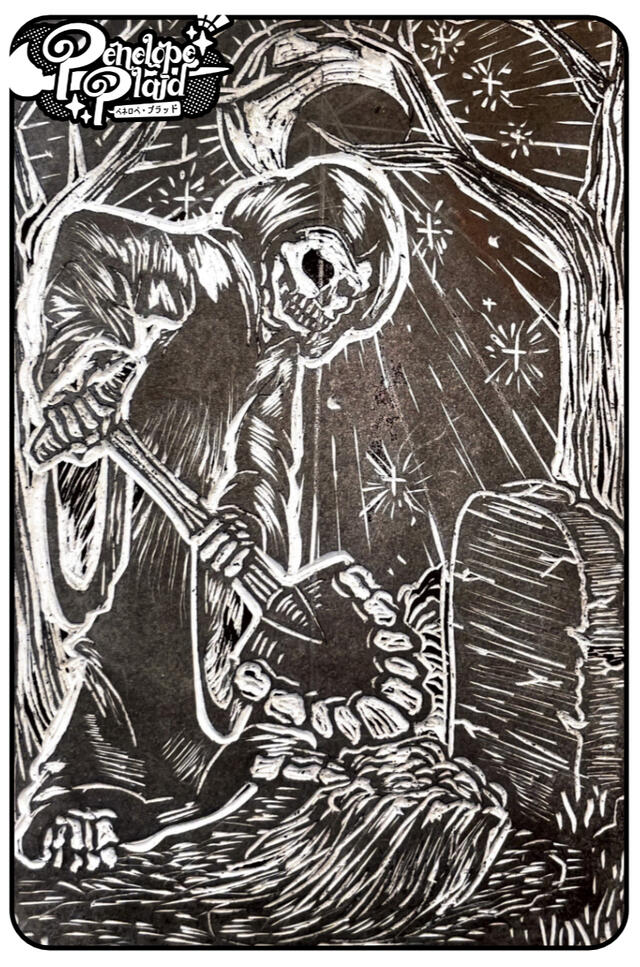 Many a man digs his grave with his teeth, 2025. Linocut Stamp